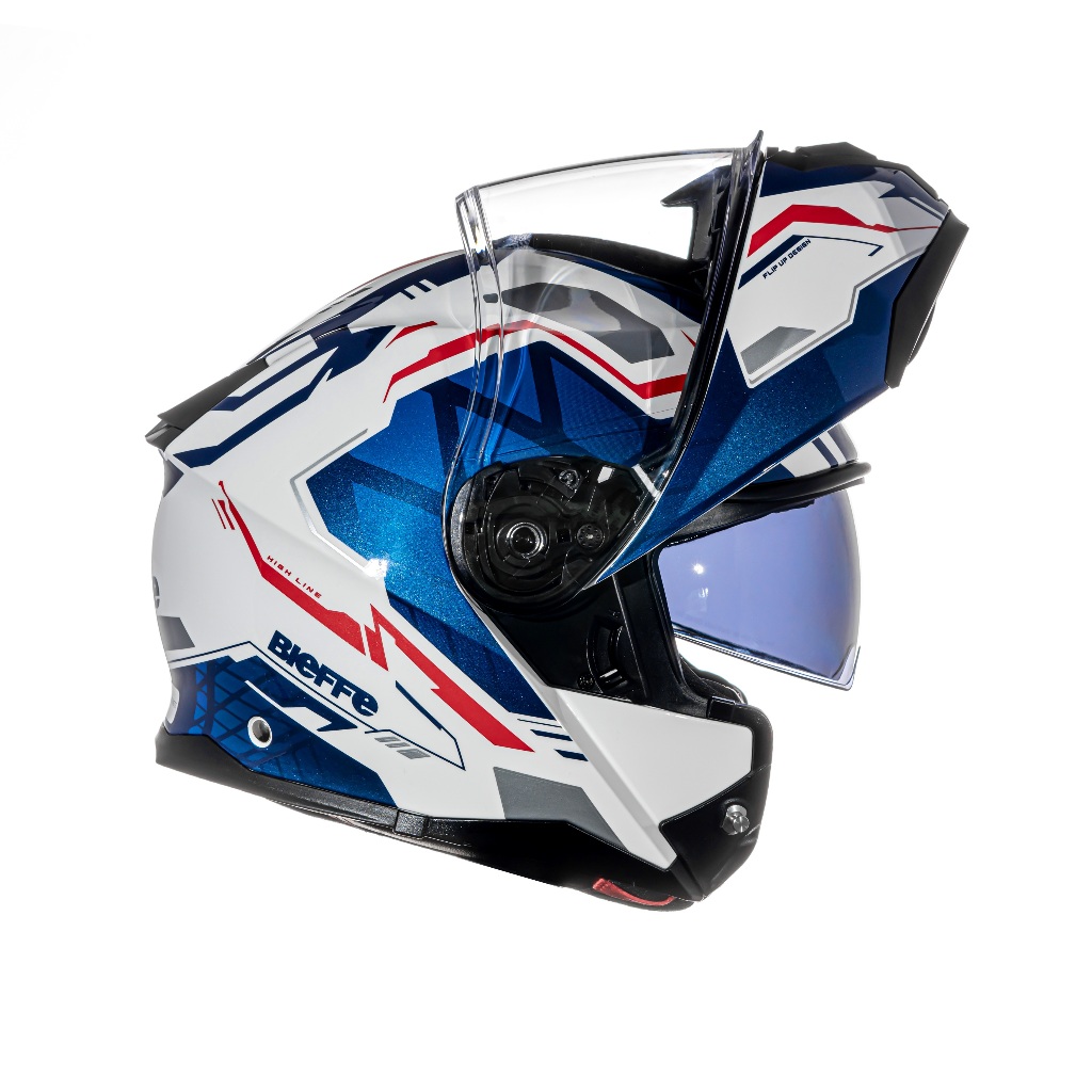 Capacete Moto Escamoteável Marca Bieffe Premium - B-Dynamic Attractie Branco Brilho c/ Azul Robocop