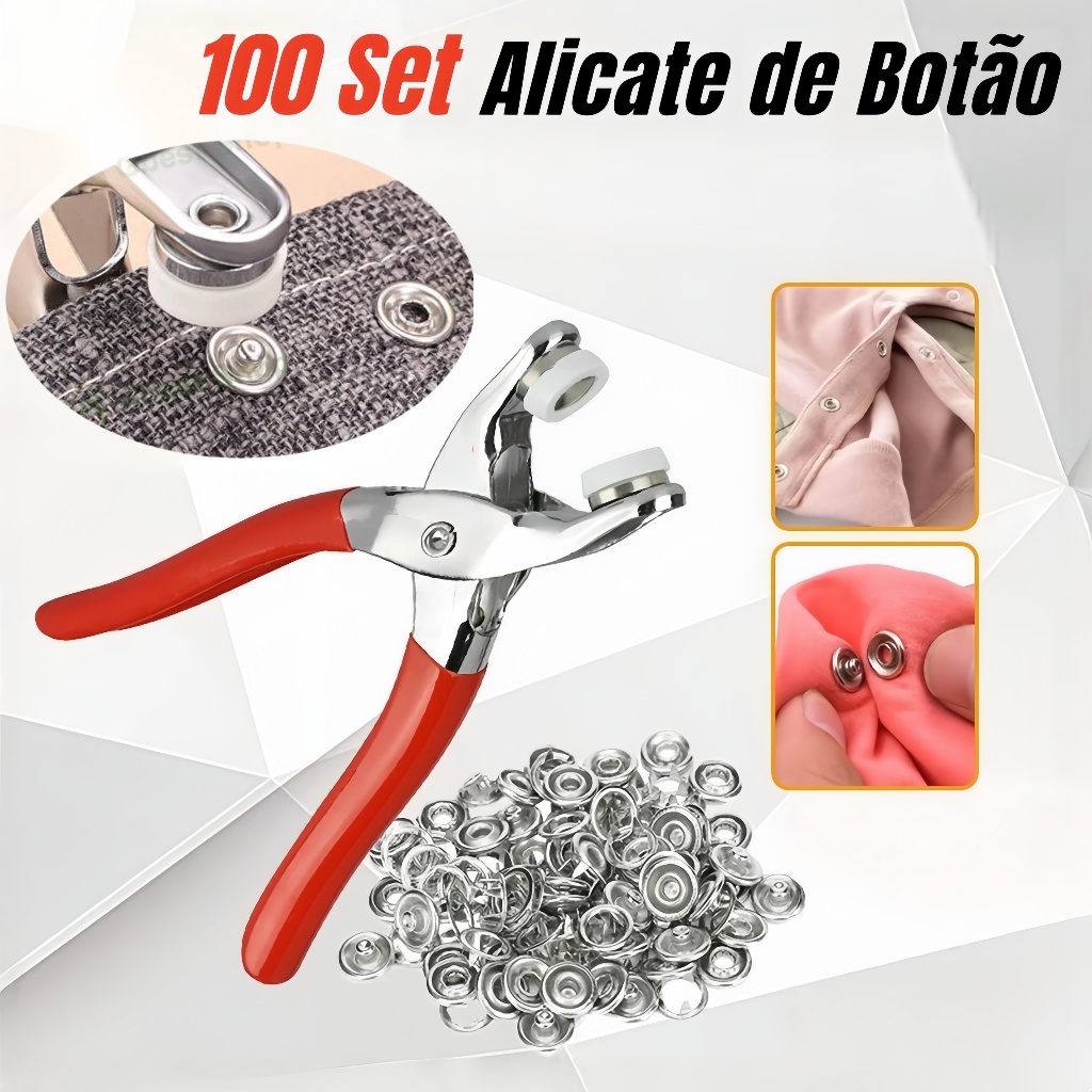 Alicate Aplicador Para Botao De Metal De Pressao Roupa Bebe com 100 Botões de Roupas