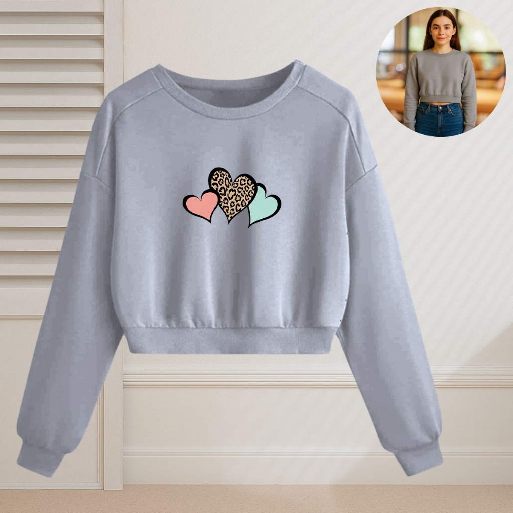 Moletom Cropped Feminino Estampa Corações Fashion Casual Chic