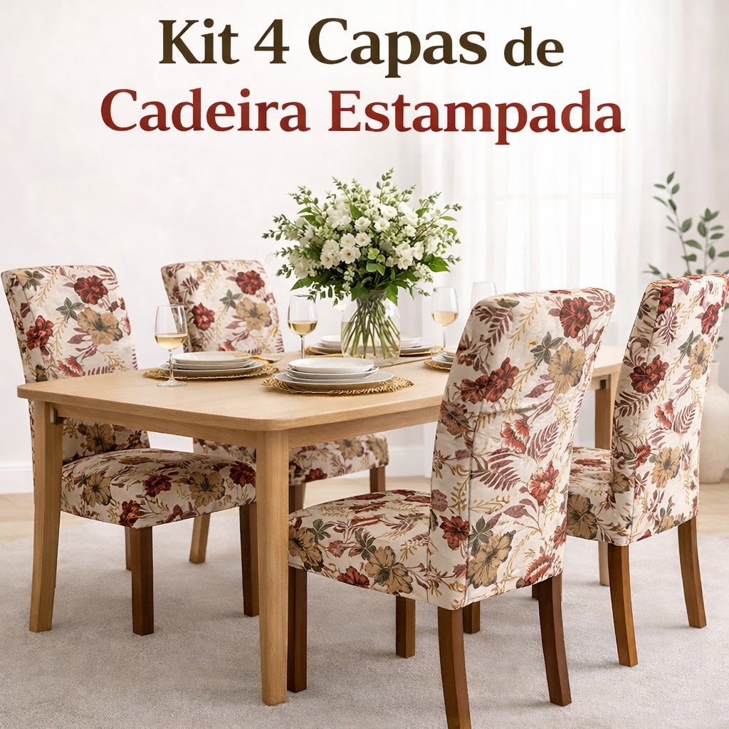 Kit 4 Capas de Cadeira Estampada Malha Gel Ajustável para Sala de Jantar e Cozinha