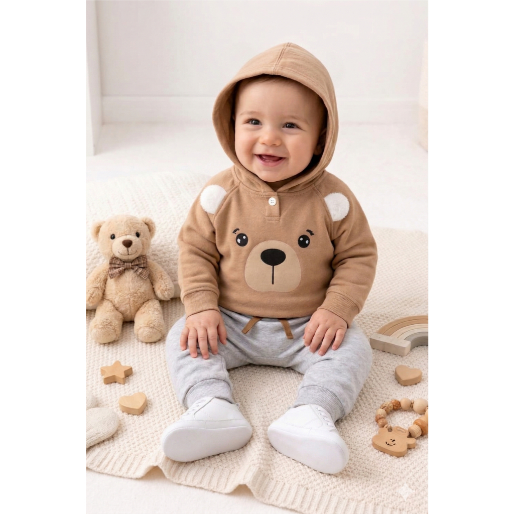 Conjunto Infantil Menino Moletom Peluciado Com Capuz Urso interativo