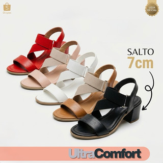 sandália feminina salto bloco elástico conforto dia a dia 7cm lGrosso Quadrado Elástico Conforto Trabalho Casual