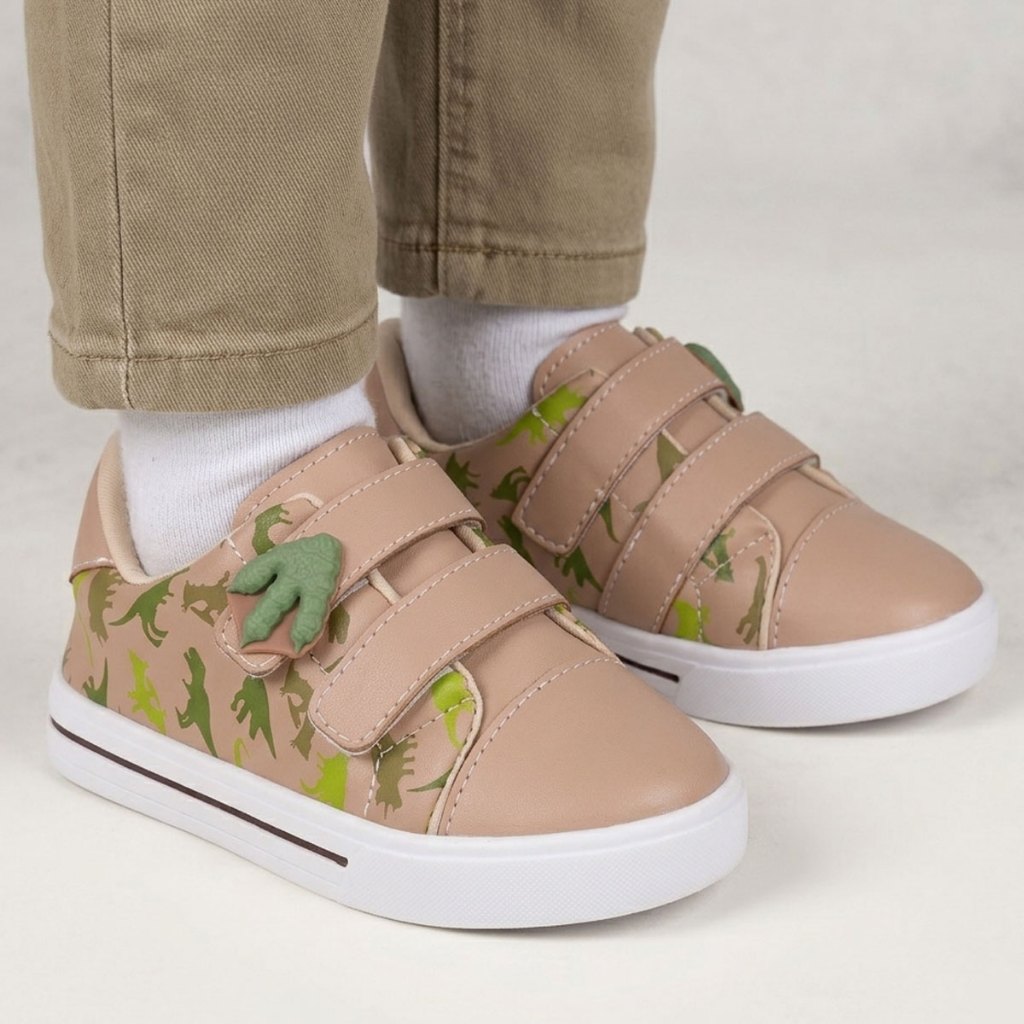 Tênis Infantil Menino Bee Happy Dino Calce Fácil Com Velcro Dinossauro - Marrom