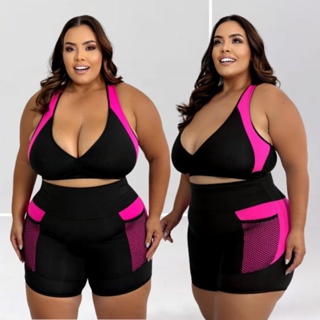 Conjunto moda Fitness Plus Size Feminino Top + Short Cintura Alta Compreensão Tecido Grosso Academia em Oferta na Shopee