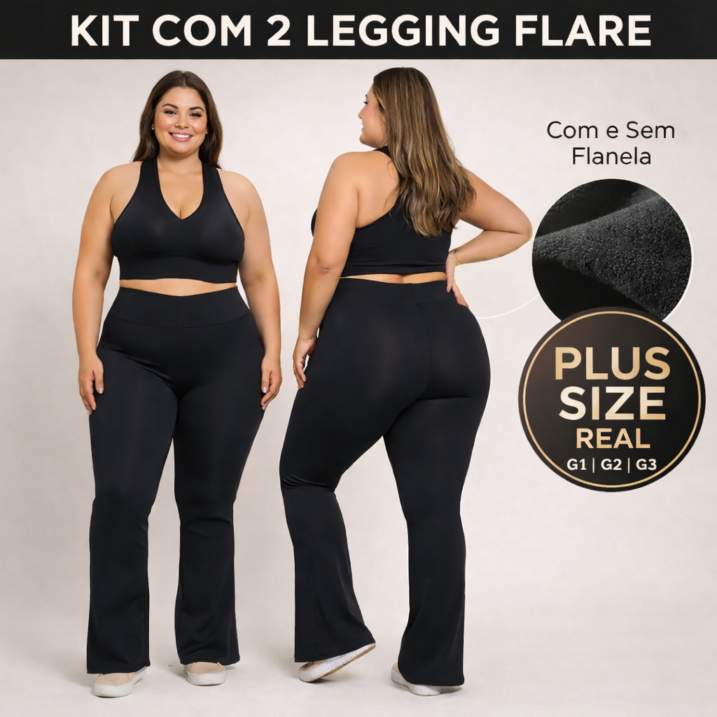Kit 2 Calça Legging Flare Plus Size Suplex Flanelado Grosso Cós Alto Boca de Sino Bailarina Legg Curve+ Tecido Peluciado