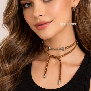 Colar Feminino com Abridão e Couro Camurça de bolinhas Moda Rodeio Cowgirl Bridão