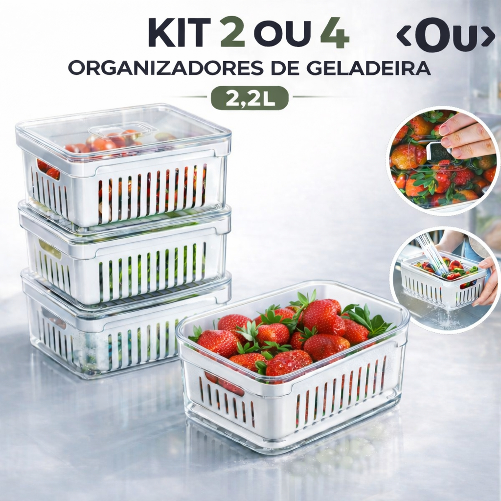 Kit 2 ou 4 Organizadores Geladeira Acrílico 2,2L Tampa Legumes Verduras Frutas Alimentos Cozinha OU