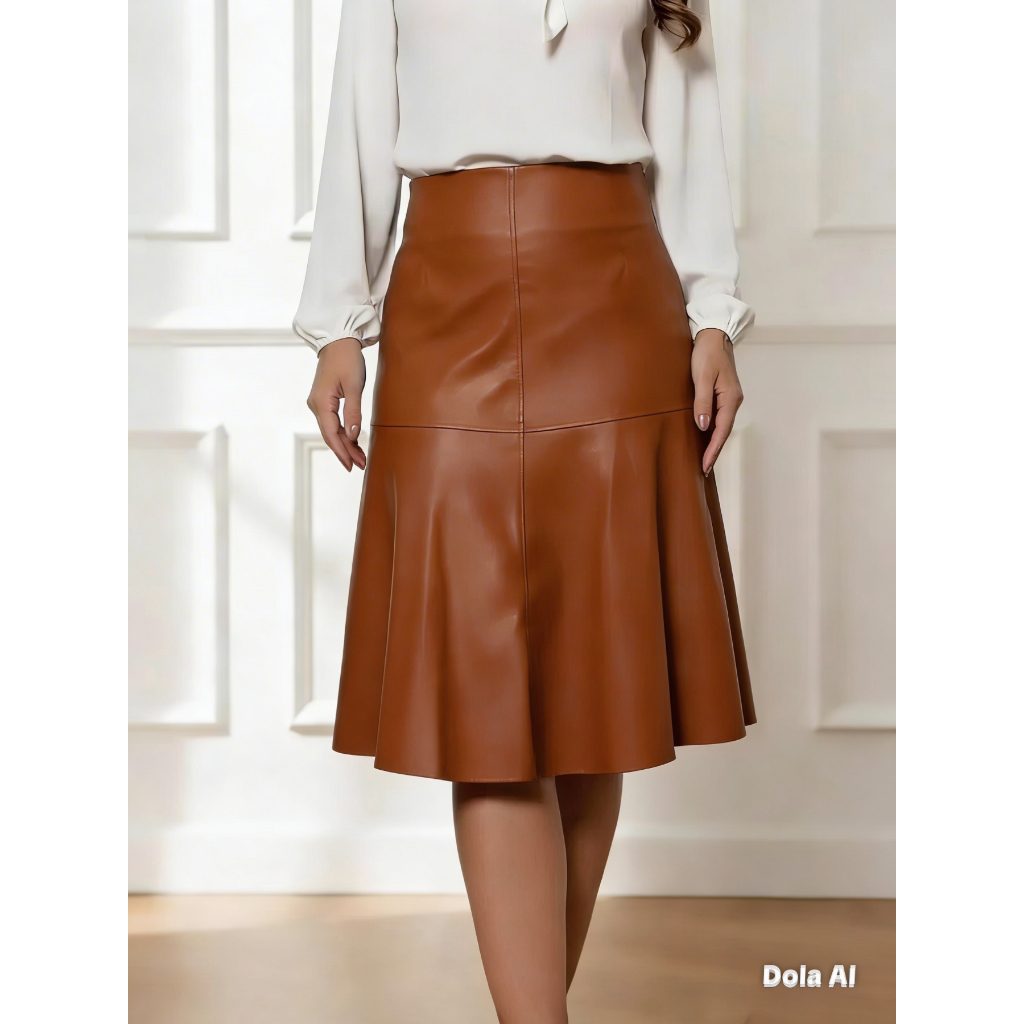 Saia Midi Feminina Evase Gode Moda Evangelica Cuoro Fake Festas Trabalho Inverno