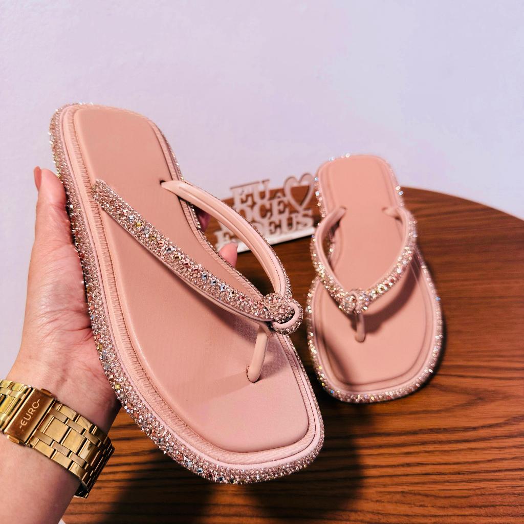 Chinelo Rasteira DUBAI Feminino Glamour Nó E Strass Brilhante Leve Confortável Envio Imediato PROMOÇÃO