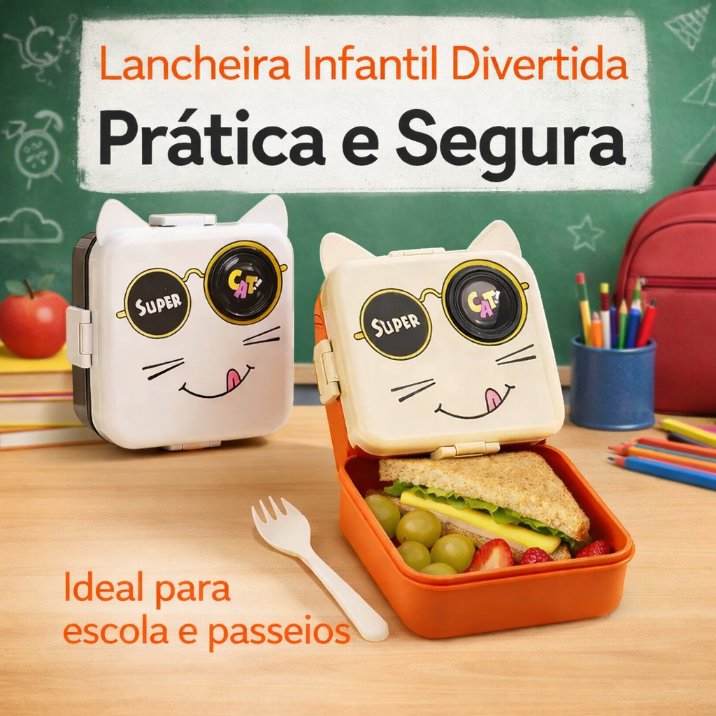 Marmita Pote Escolar Gatinha Infantil Lancheira Escolar com Divisória e Talher Portátil