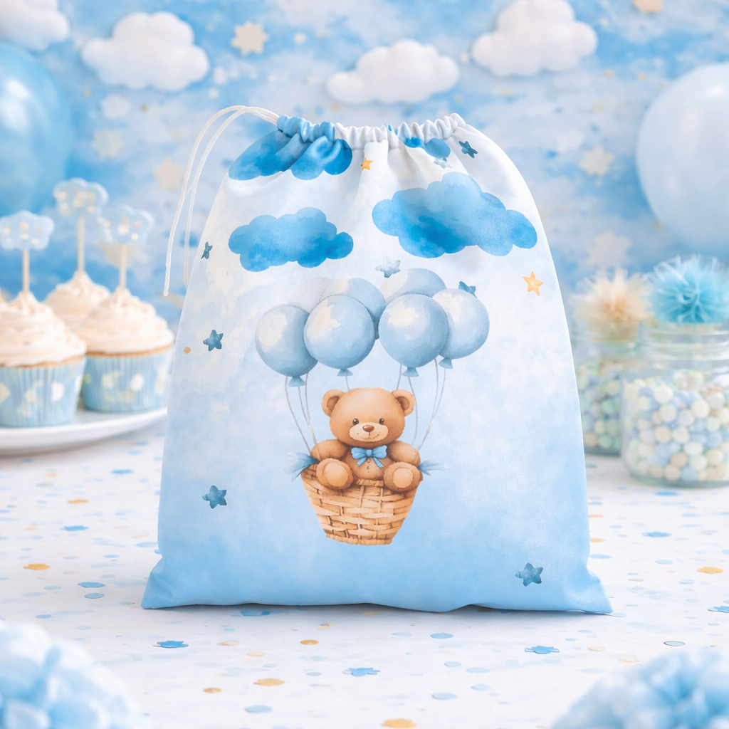 Saquinho Festa Ursinho nas Nuvens 17 x 25 Lembrancinha Infantil Menino Urso Baloeiro Promoção Bibi
