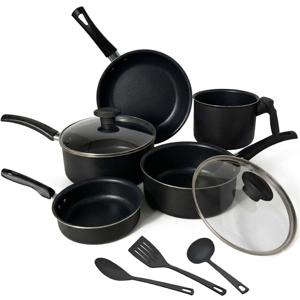 Jogo de Panelas 8 Peças Antiaderente Conjunto Kit Teflon Frigideira Caçarola Talheres