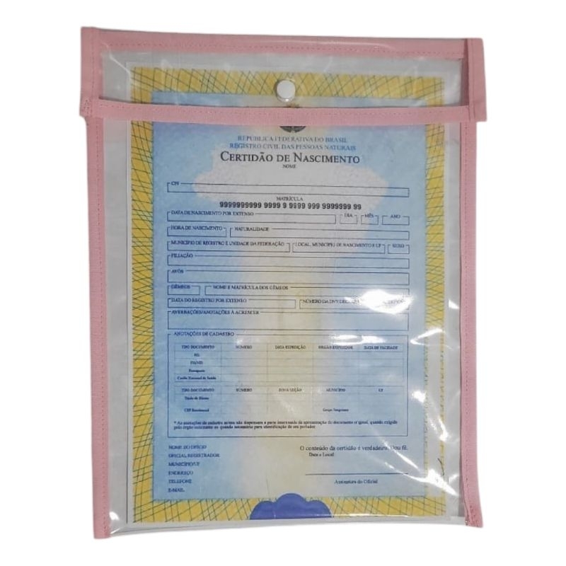 Porta Certidão Nascimento Bebê Pasta Plástica Com Botão Porta Documento Transparente