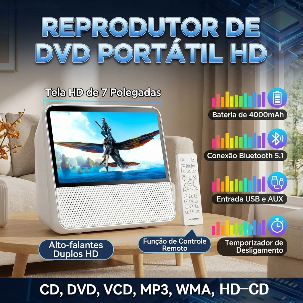 Reprodutor de DVD Portátil 7" HD, Bluetooth 5.1 DVD Player, Bateria 4000mAh, USB, AUX, Compatível CD/VCD/DVD/MP3