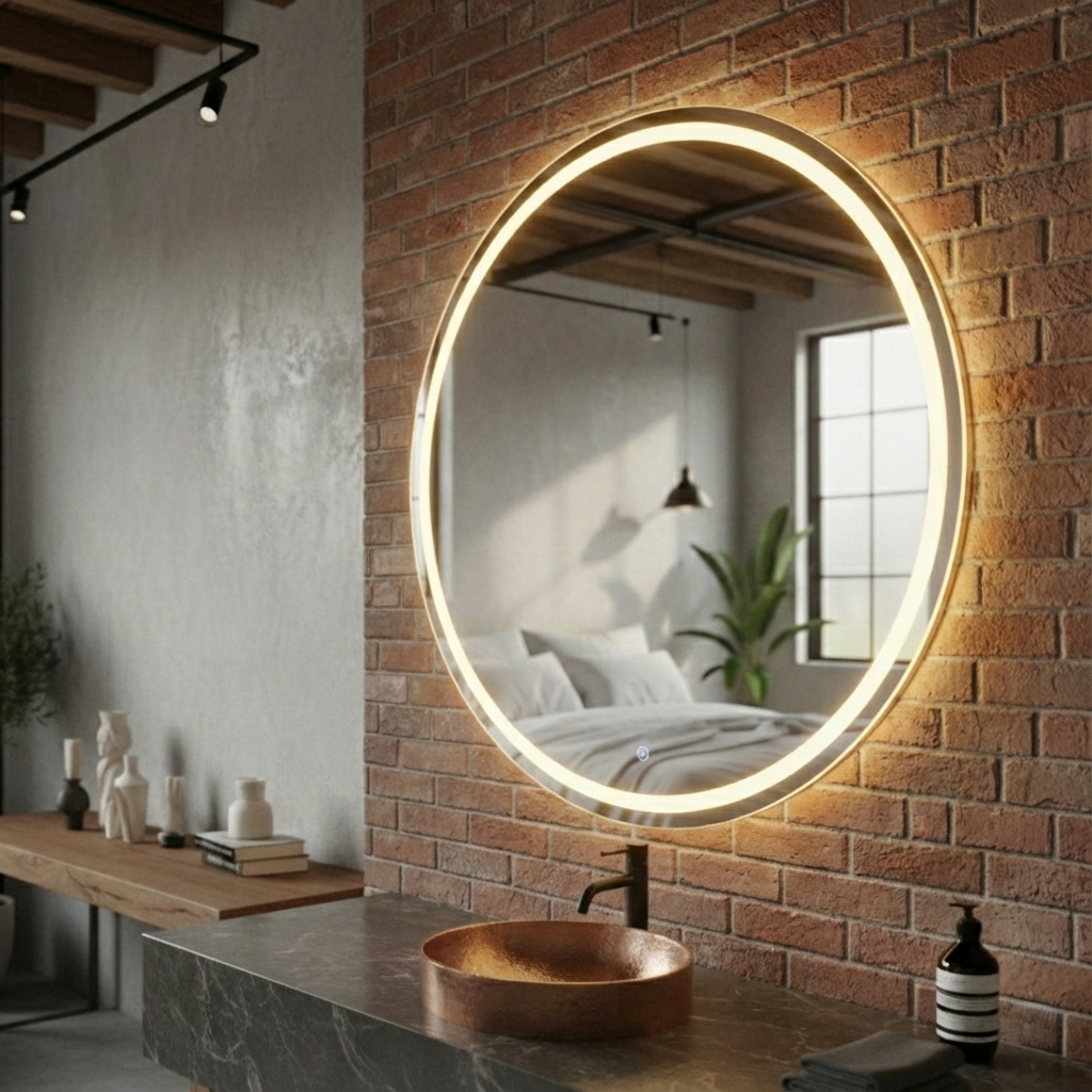 Espelho Redondo Jateado 60x60cm Lapidado 3 Cores LED Botão Touch Decoração Banheiro Entrega Rapida · foto 2
