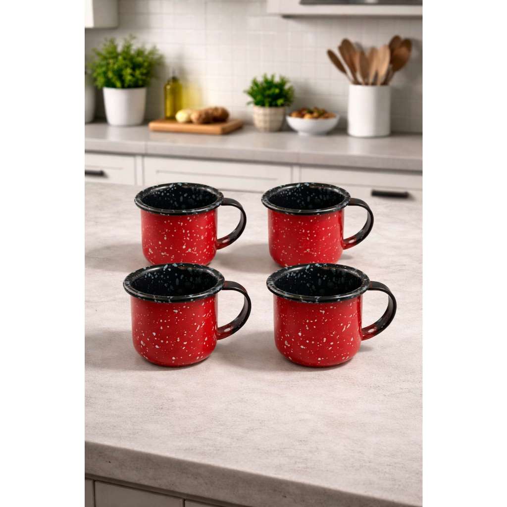 4 Canecas Esmaltada Agata 70ml Original Cafézinho - Vermelho Granitado