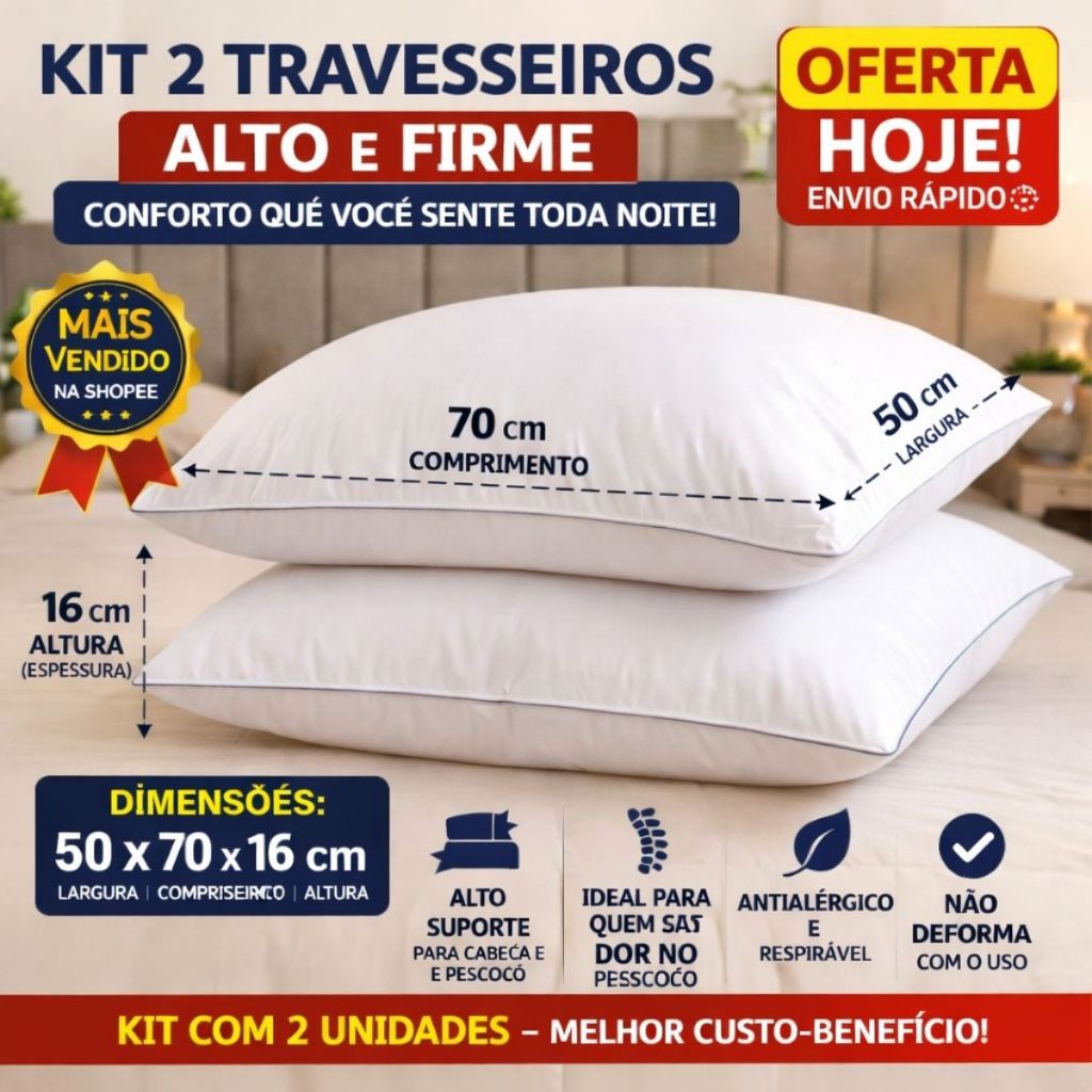 Kit 2 Travesseiros 50x70cm Alto e Firme Antialérgico Lavável Conforto Premium Macio