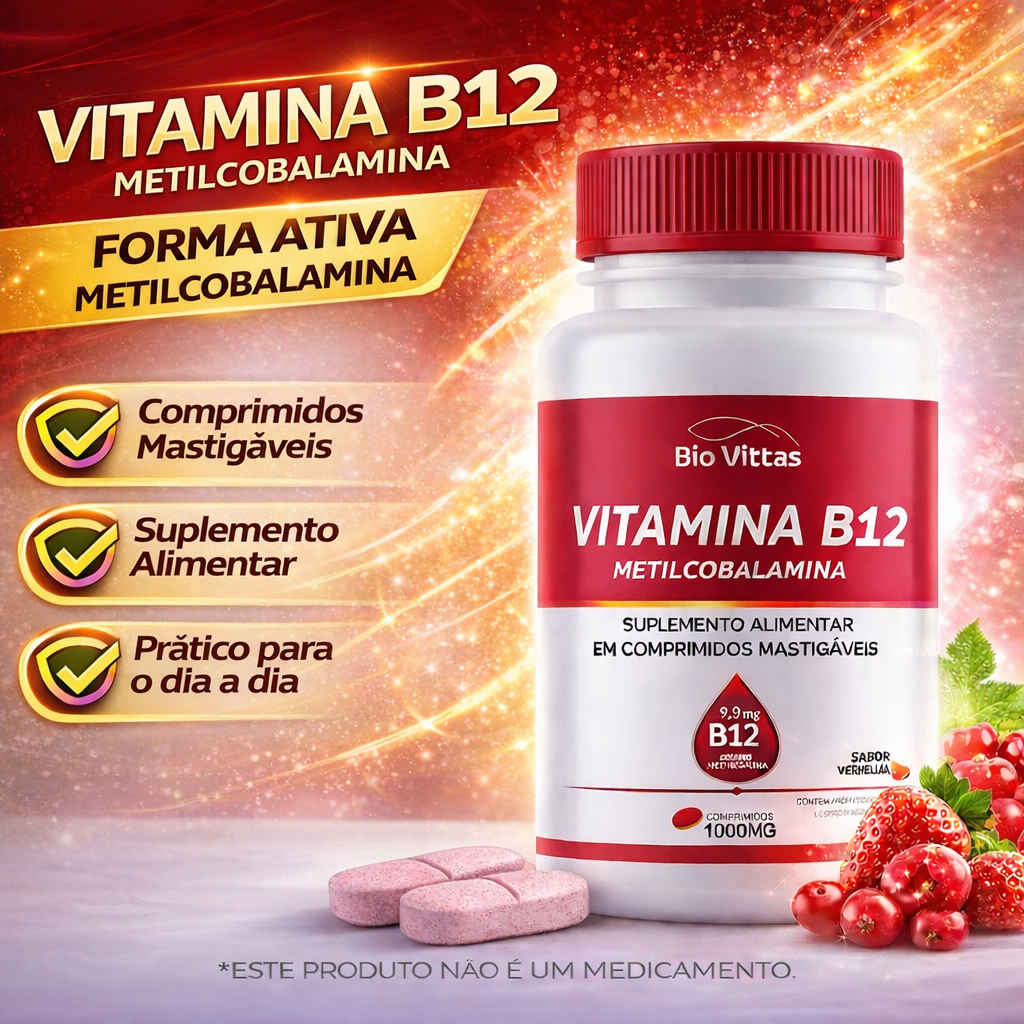 B12- Mastigável Metilcobalamina Comprimidos 1000mg Sabor Frutas Vermelhas