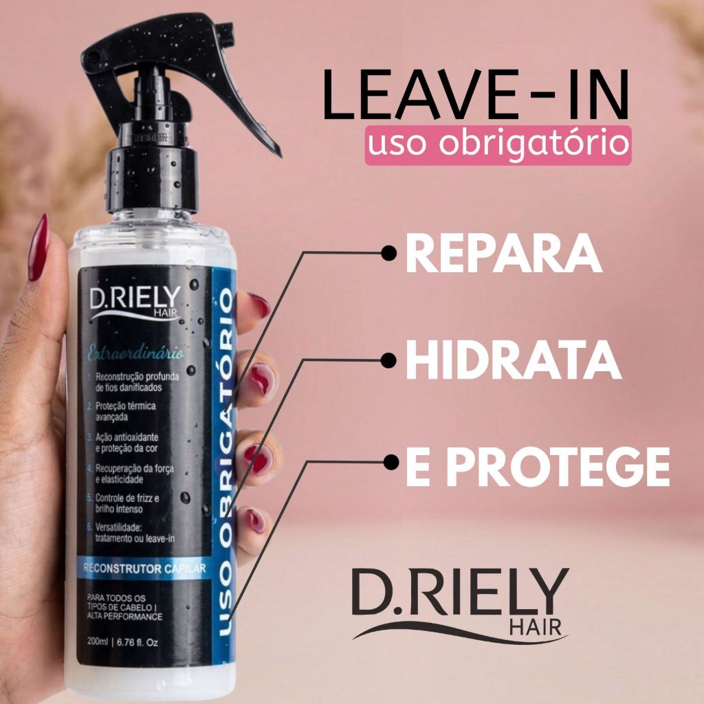 Leave-in Spray Reconstrutor Finalizador Capilar Protetor Térmico Anti Frizz Liso Filtro Solar D.Riely Uso Obrigatório