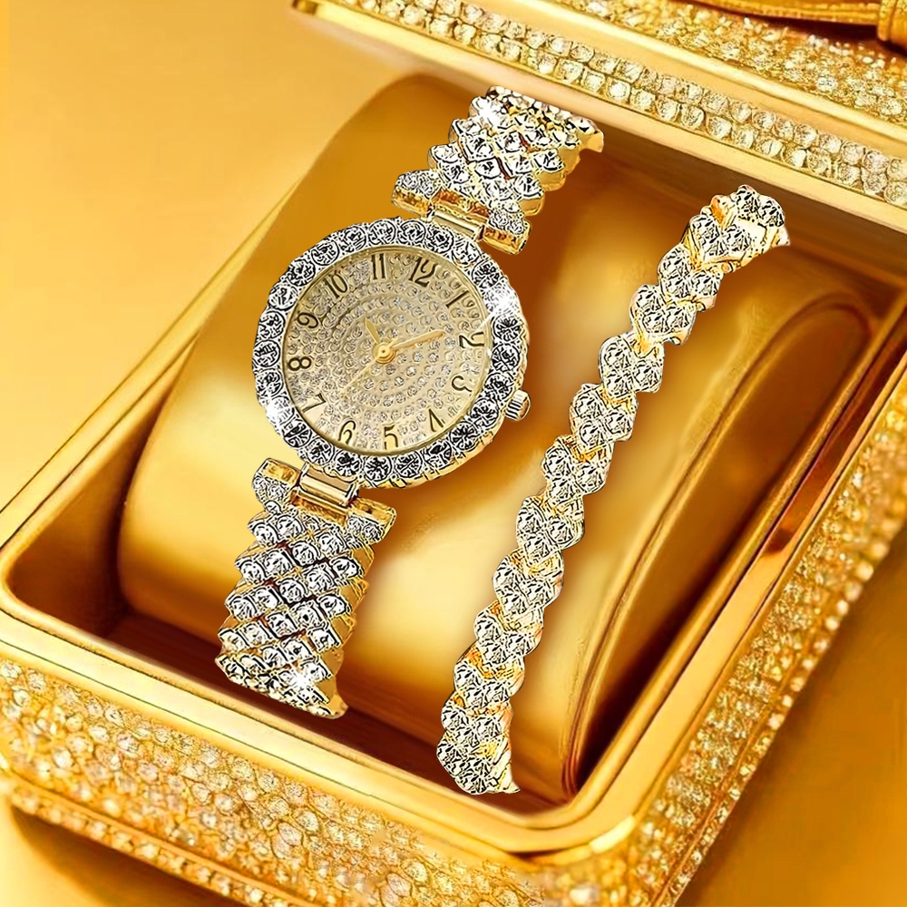 Womens full diamond watch set, stylish and versatile, high-end quality timepiece.