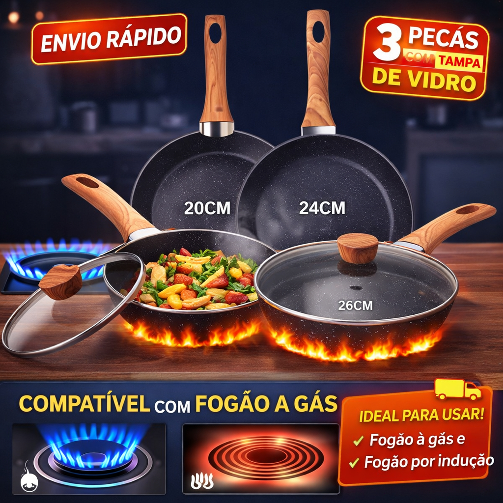 Frigideira Antiaderente Alumínio com Tampa de Vidro Cabo Anticalor para Indução Gás e Elétrico