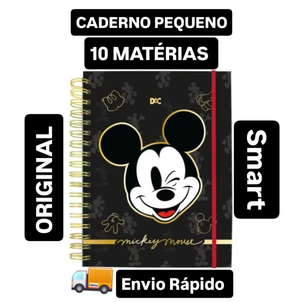 CADERNO SMART MINI MICKEY DAC 10 MATÉRIAS CAPA DURA ESPIRAL PEQUENO ESCOLAR ORIGINAL DISNEY ANOTAÇÃO