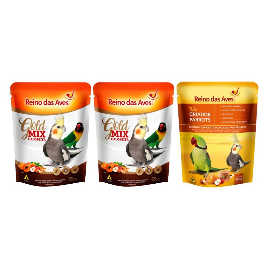 2 Calopsita Gold Mix Sementes e 1 Farinhada Criador Parrots Reino das Aves