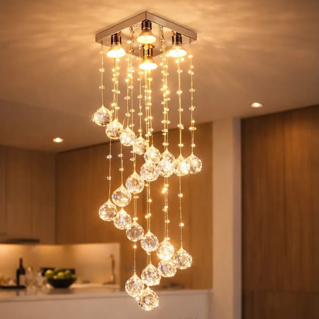 Lustre Pendente Quadrado de cristal legítimo k9 até 2,50 metros + 4 lâmpadas Bivolt