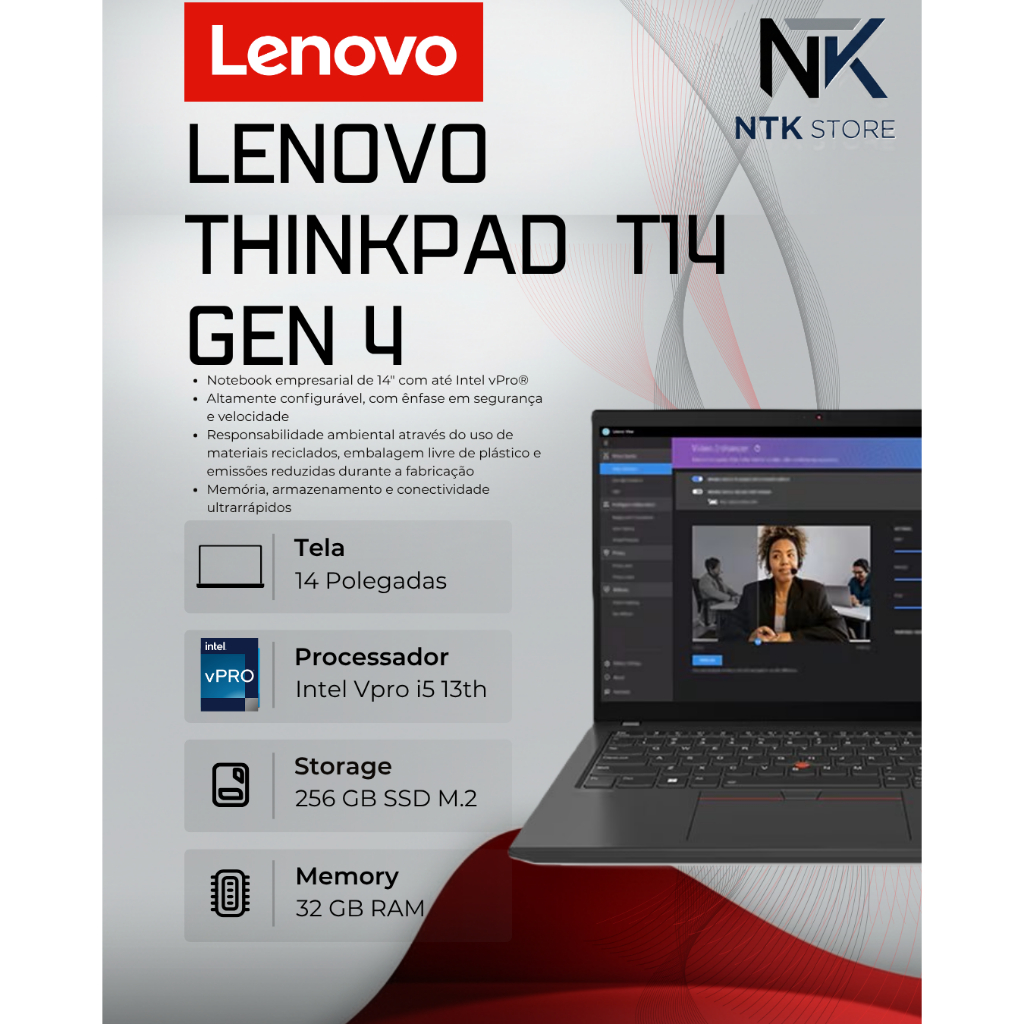 Notebook Lenovo ThinkPad T14 Gen4 Intel Vpro i5 13th /32gb ram / 256gb ssd /Tela 14"FHD