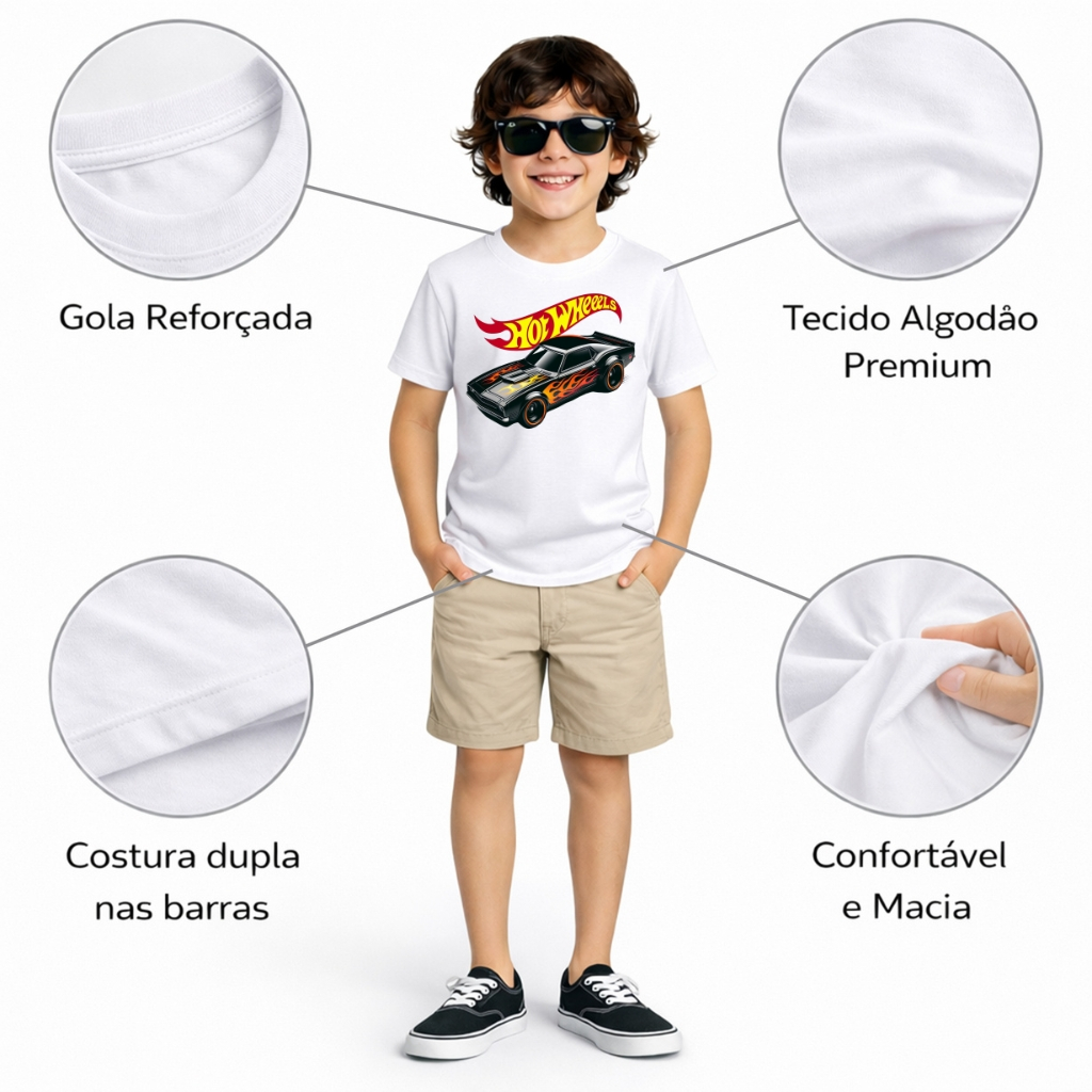Camiseta Infantil Menino Hotwheels Camaro Dodge Charger Fogo Blusa em Algodão Premium Juvenil Cars — imagem 2 de 2
