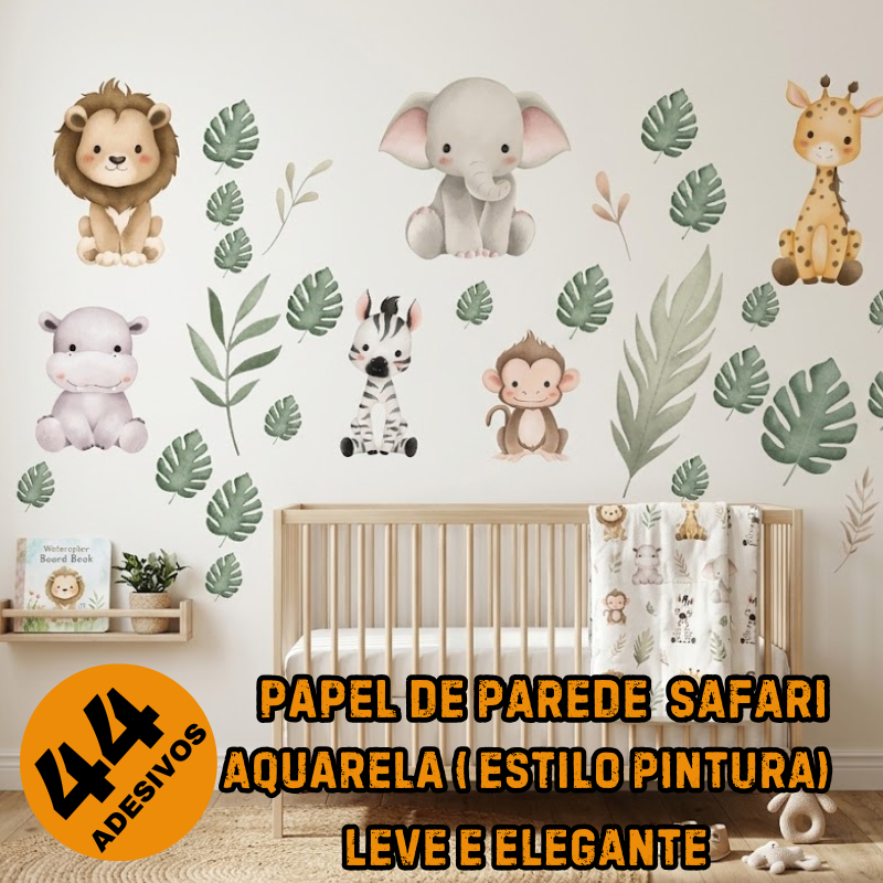 Papel de Parede Safari Aquarela Infantil – Leão Girafa Elefante Zebra Decorativo Quarto de Bebê Autocolante