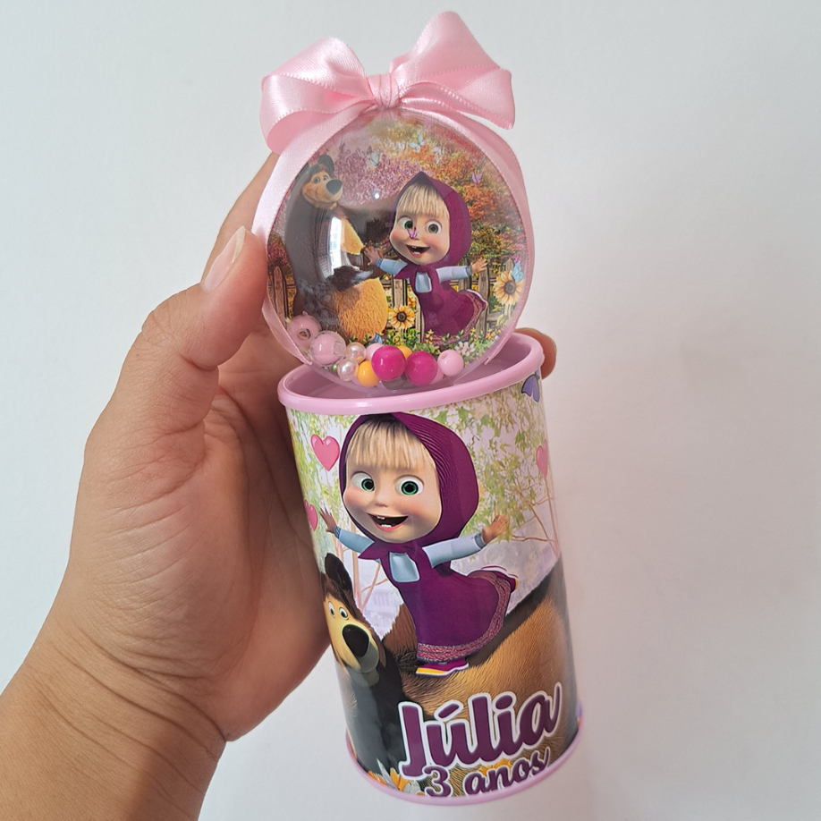 Cofrinho Personalizado Masha e o Urso + Esfera com Tag + Laço. Lembrancinha de Festa