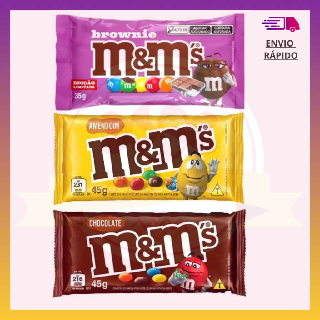 Kit 3 unidades chocolate m&m's mms confeito ao leite, amendoim, brownie 45g e 35g