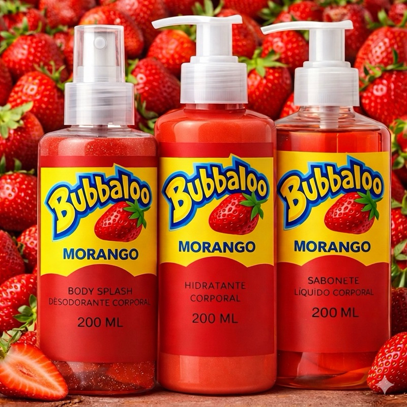 1 Kit Body Splash Bubbaloo Morango com gliter 200Ml + 1 Hidratante Corporal Morango 200ML + 1 Sabonete Líquido 200ML