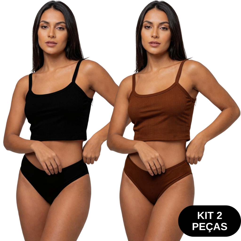 Kit 2 Cropped Feminino Canelado Alcinha Básico Justo Moda Verão Confortável Casual Premium