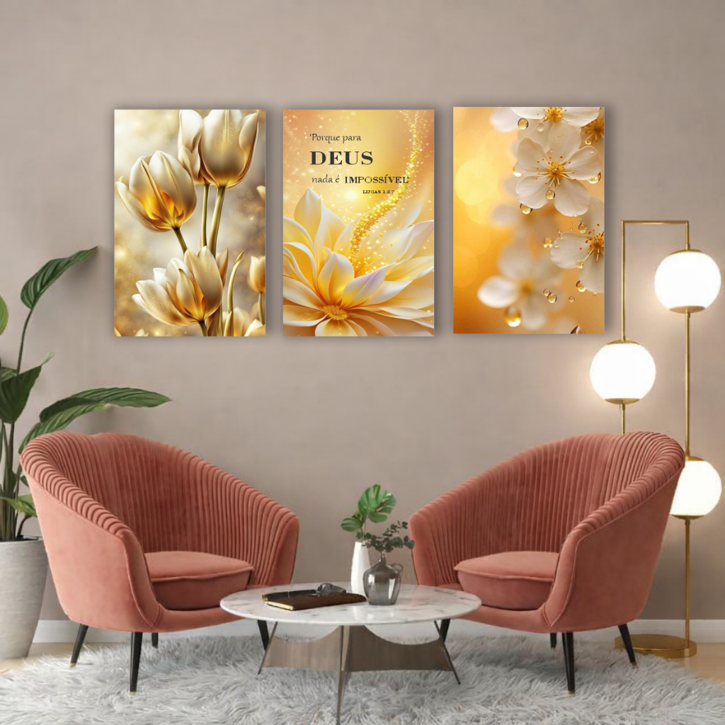 Quadro decorativo 3 peças versículo bíblico religioso flores tons dourados decoração quarto sala
