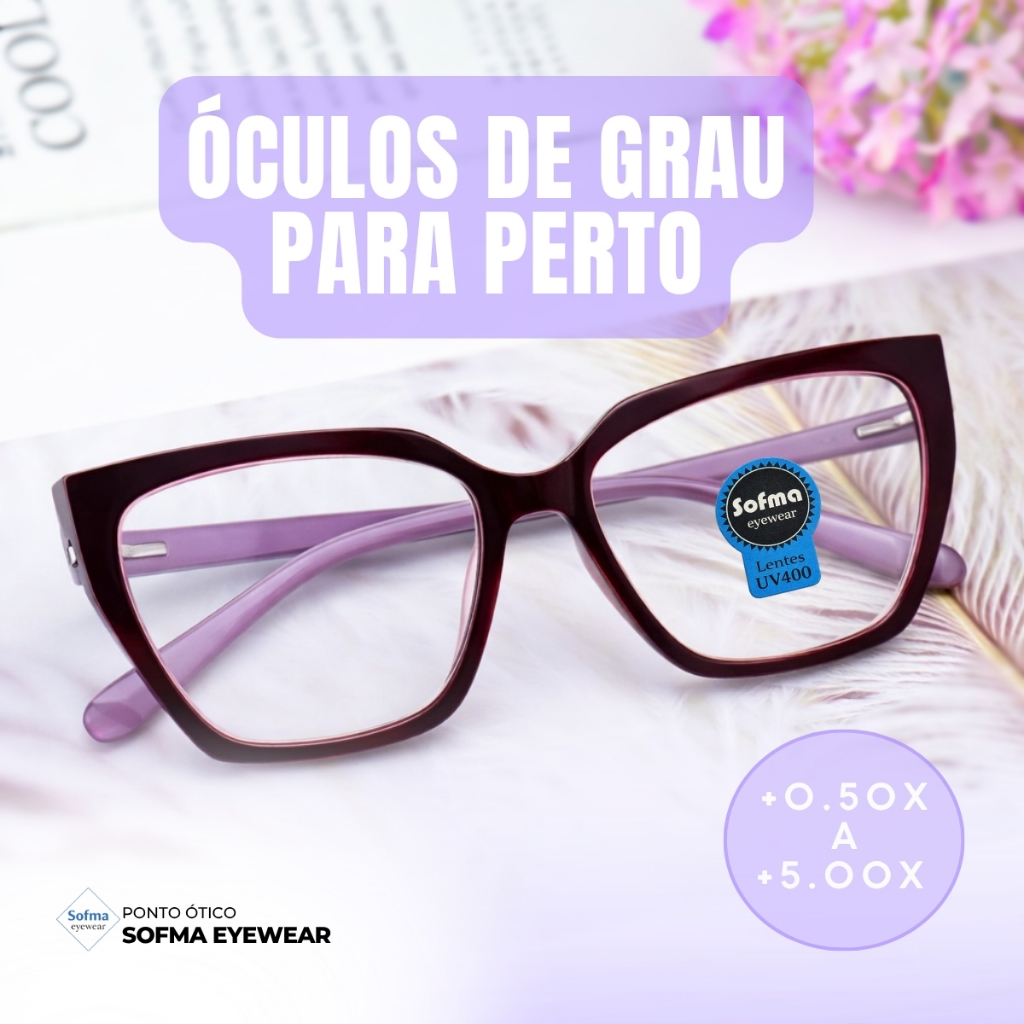 Óculos Hexagonal Marília Grau +0,50 a +5,00 Feminino Leitura Hipermetropia Rosa com Preto