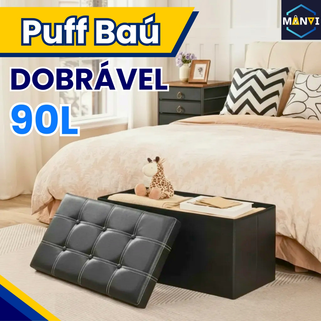Puff Baú Banco Duplo Recamier Dobrável Decorativo Sala Quarto Organizador Ambiente 75cm Lindo