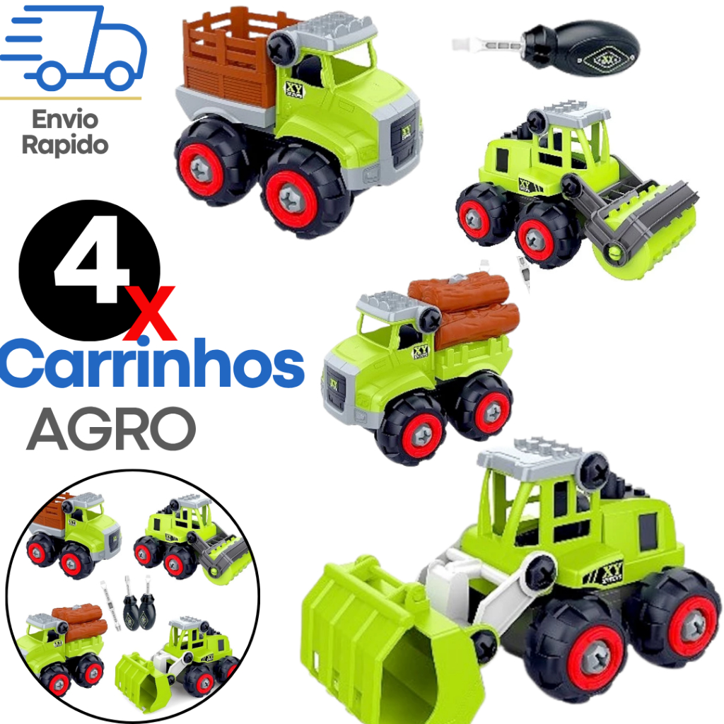 Kit 4 Carrinhos Caminhão Agro Infantil Montar Desmontar Brinquedo Educativo Resistente