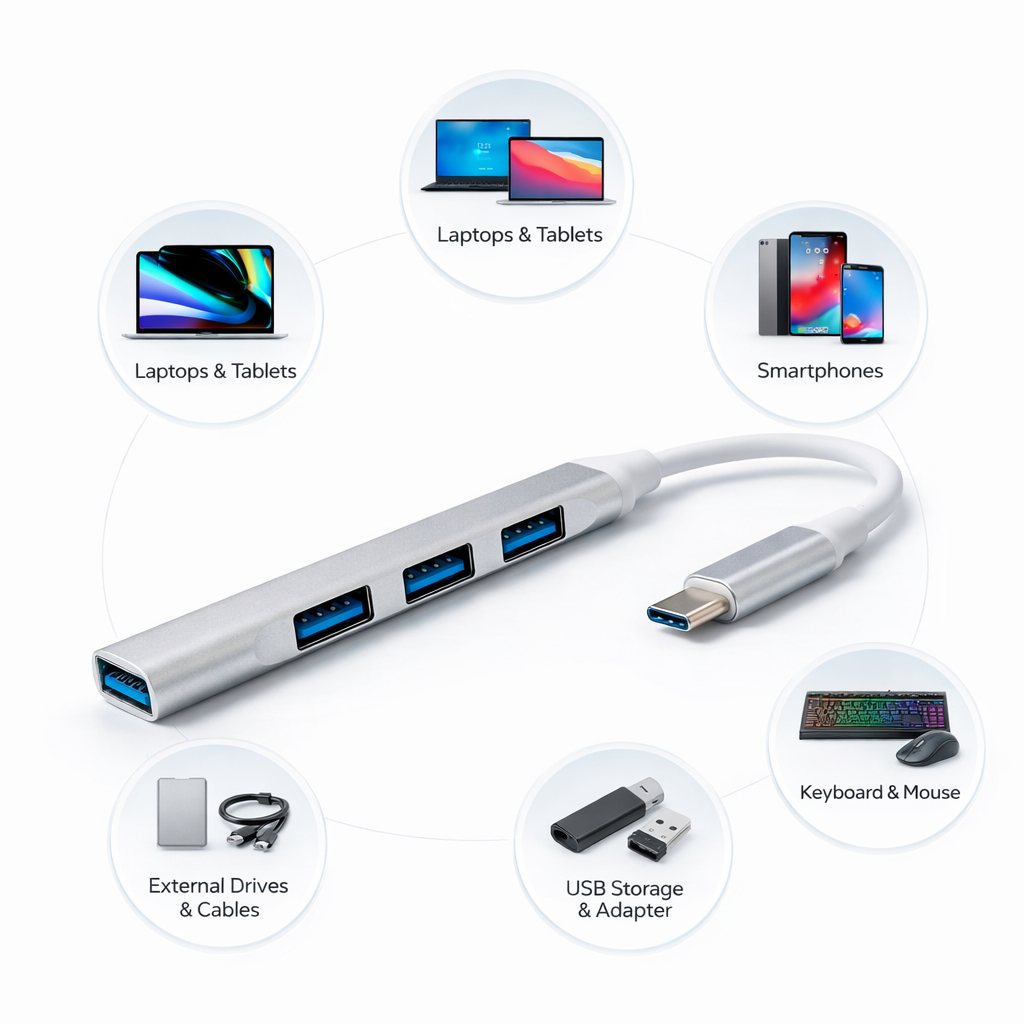 Hub Otg Tipo C Extensor 4 Portas Teclado Mouse Controle Hdd Prata 1 Port USB 3.0/ 3 Port USB 2.0