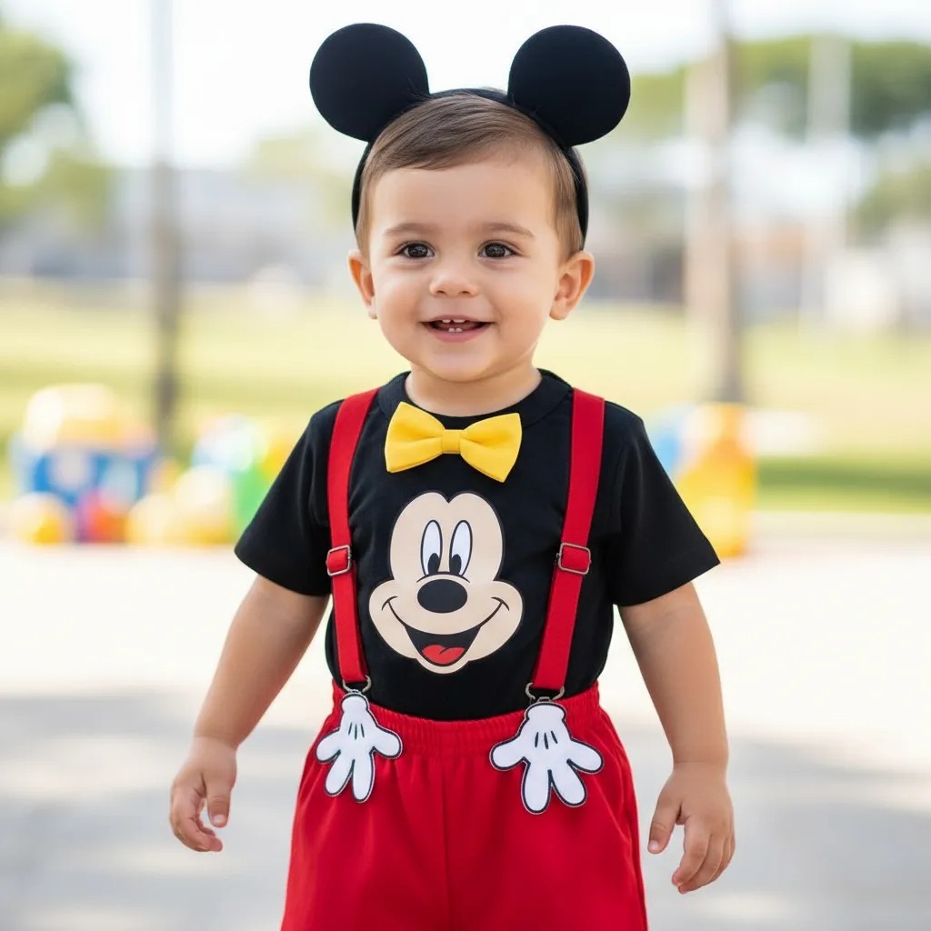 Fantasia Roupa Do Mickey Conjunto Infantil Menino 1 Á 3 Anos Camiseta, Short e Suspensório Roupa Festa Aniversário