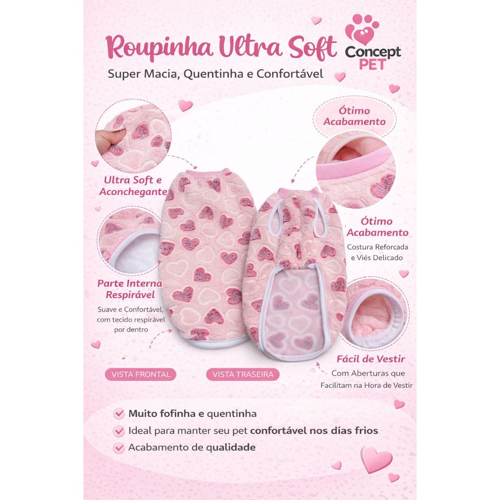 Roupa para Pet Inverno Ultra Soft, super macia, quentinha e confortável, para cachorro e gato, Macho e Fêmea
