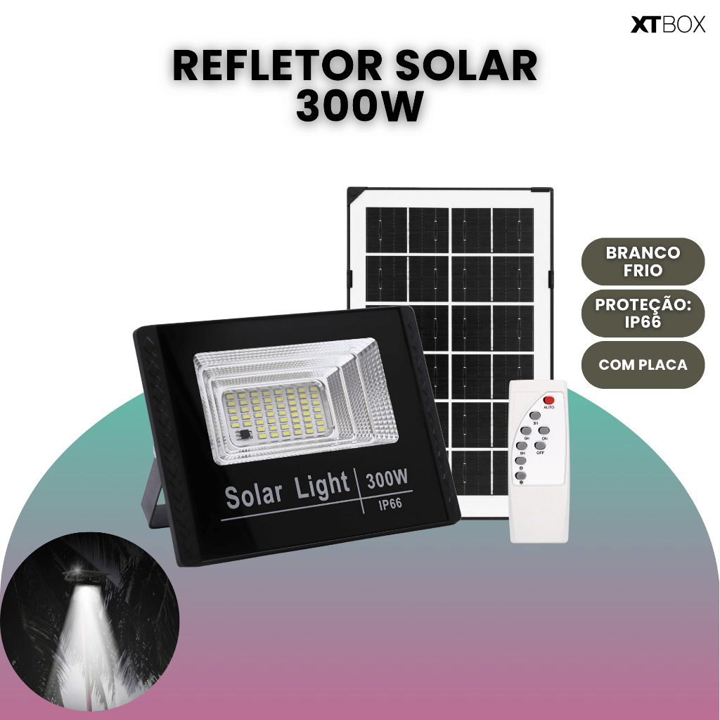Refletor Solar 300w Led Holofote Placa Bateria Prova Dágua