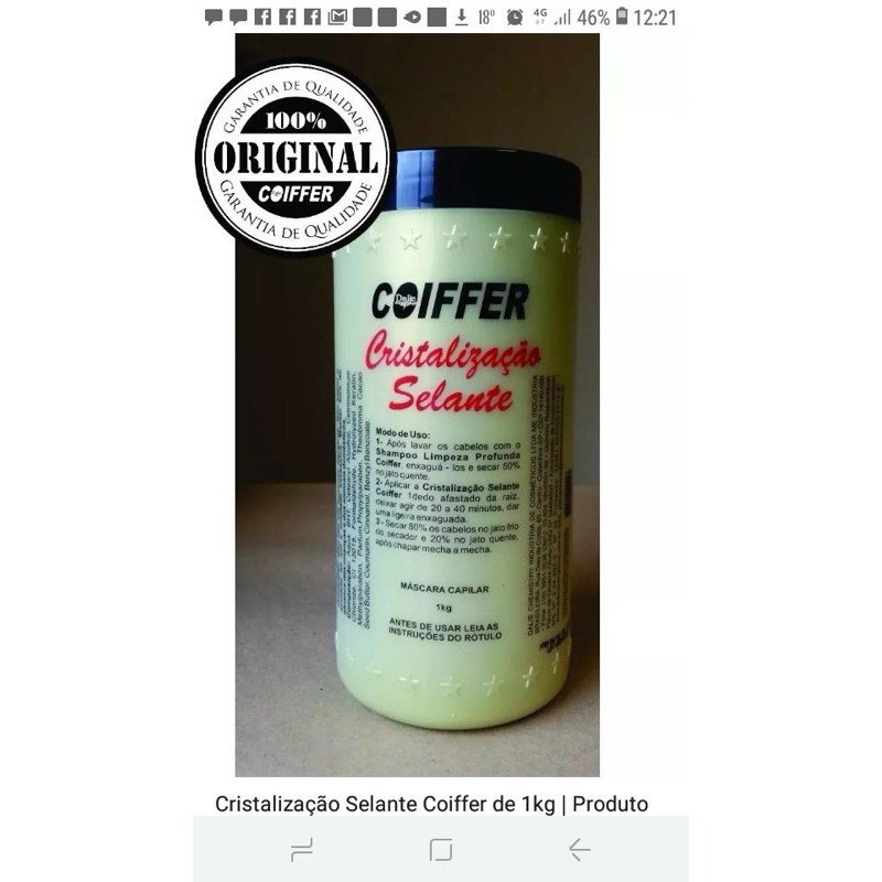 Selante Cristalização para tratamento dos cabelos coiffer