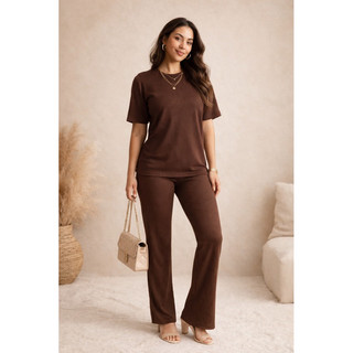 CONJUNTO FEMININO CANELADO CALÇA E BLUSA CONFORTÁVEL ESTILOSO BÁSICO