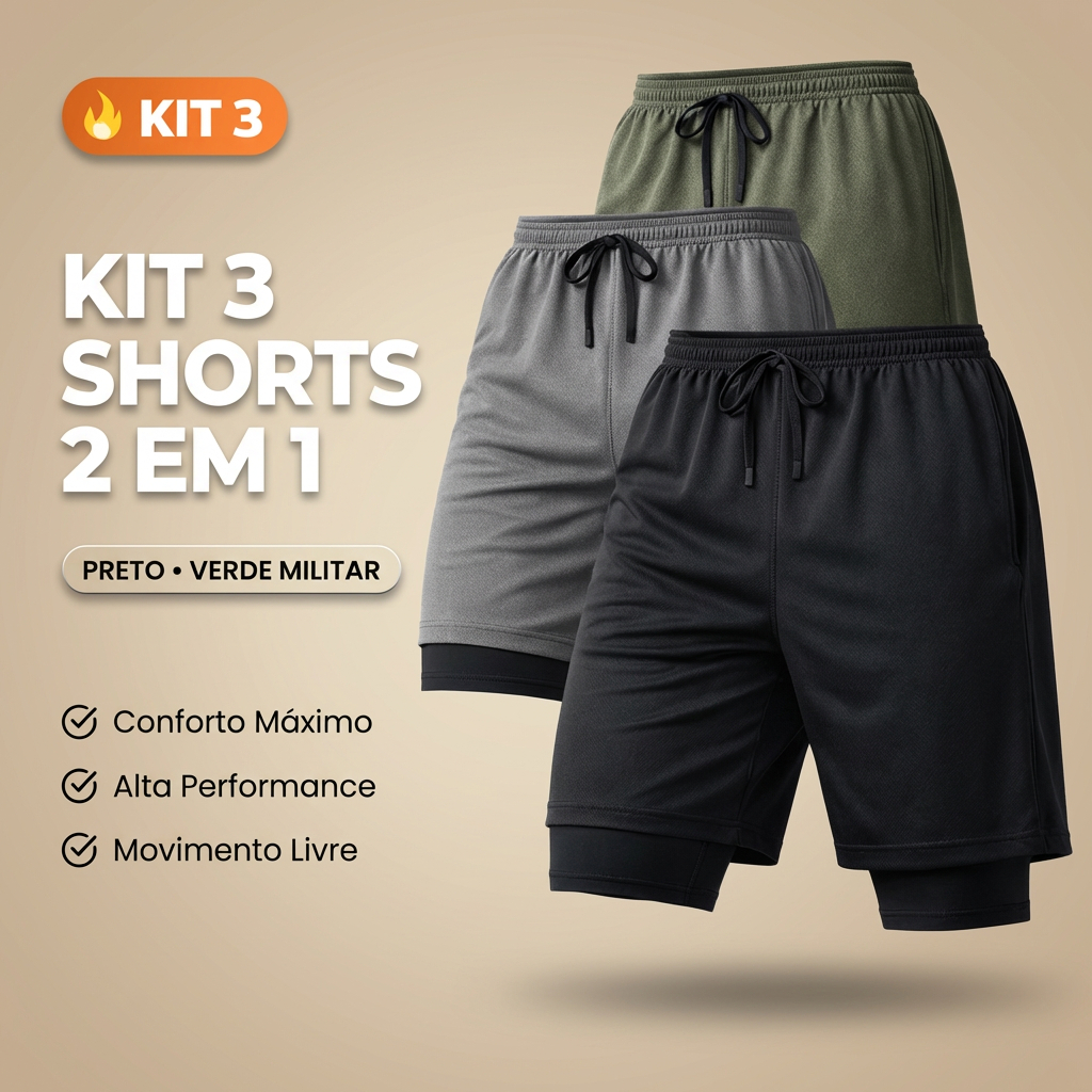 Kit 3 Peças Shorts Masculino 2 em 1 Básico Treino Forro Interno Compressão P ao GG