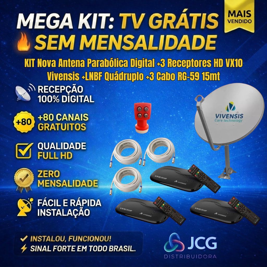 KIT Nova Antena Parabólica Digital +3 Receptores HD VX10 Vivensis +LNBF Quádruplo +3 Cabo RG-59 15mt