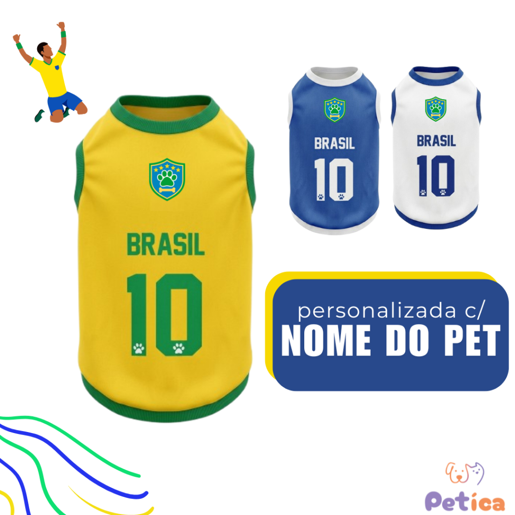 Roupa Pet Brasil Personalizada com Nome Camiseta para Cachorro e Gato Roupa Copa Brasil
