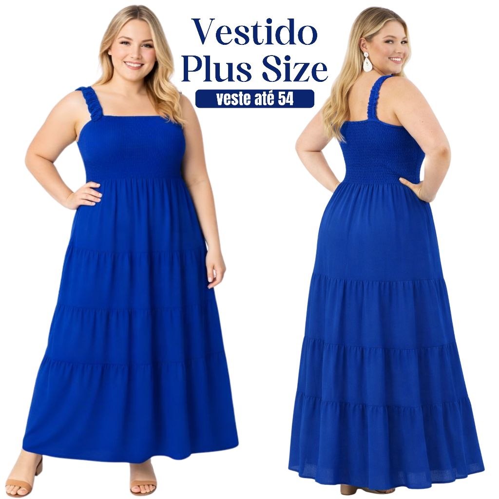 Vestido Plus Size Longo Azul Royal | Veste até 54 | Elegante e Confortável