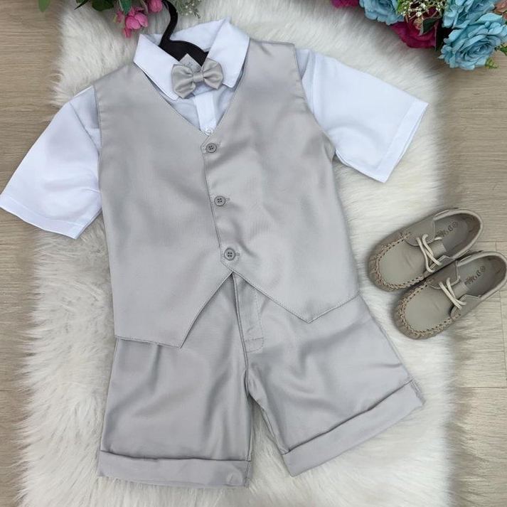 Conjunto Social Leandro Colete Cinza Claro Terno Short Camisa Manga Curta Aniversário Pajem Casamento